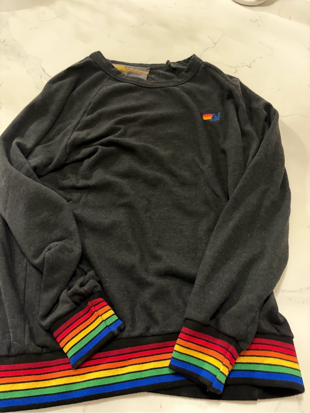 Aviator Nation Black Crewneck Sweater with Rainbow Stripe Cuffs & Hem